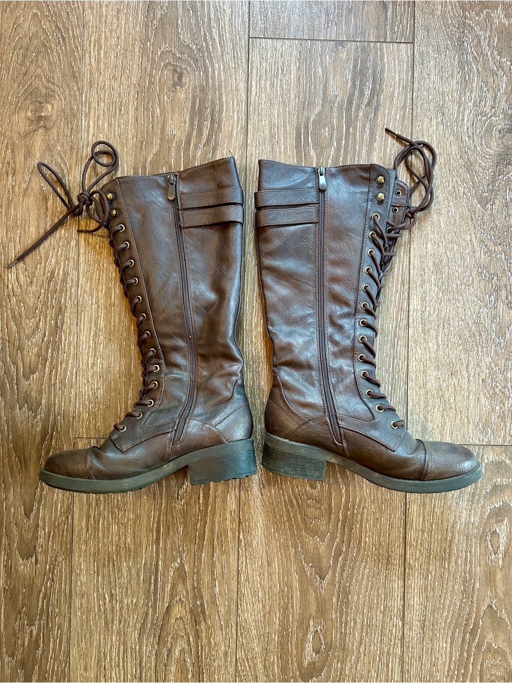 Dream Pairs Brown Lace-Up Knee Boots with Side Zip